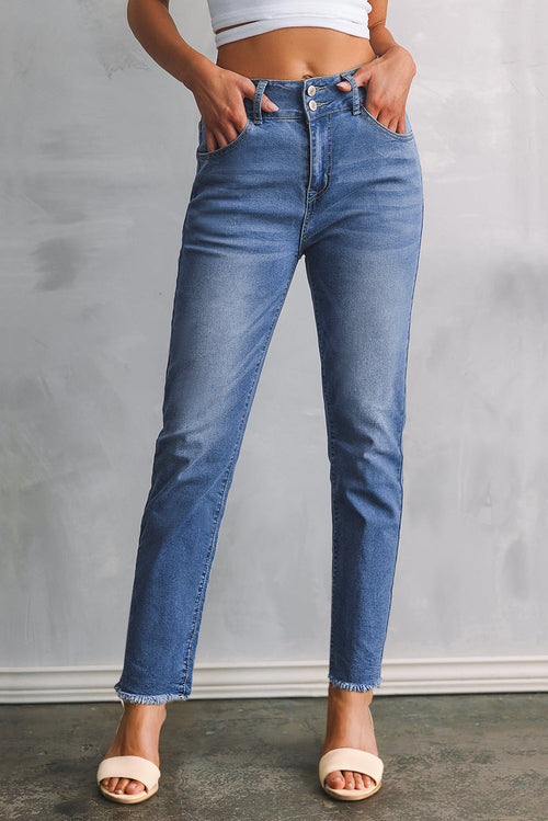 Buttoned High Waist Raw Hem Skinny Jeans