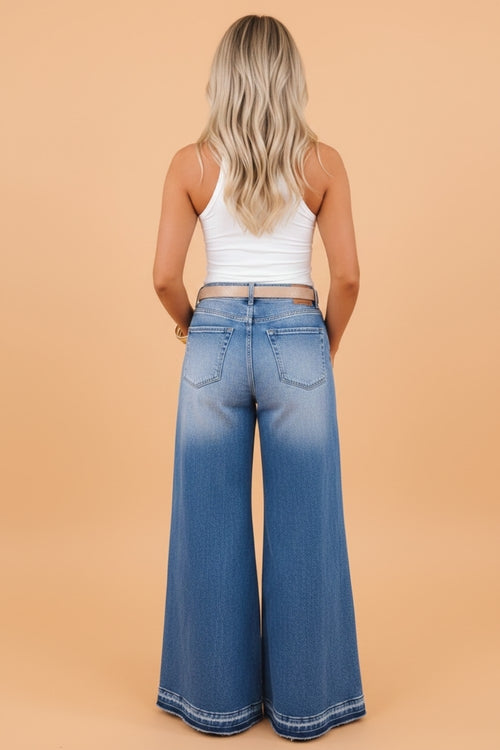 Denim Gathered Side Seam Flare Leg Pants